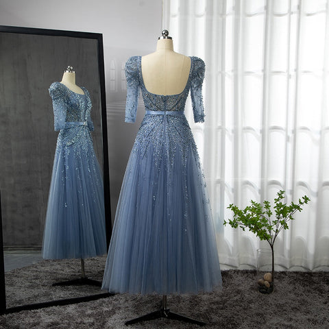 Vestido midi azul de noche, 2025, de lujo, estilo musulmán, largo hasta el tobillo, corte árabe, para bodas, fiestas formales, LA71631A 
