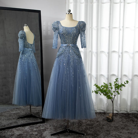 Vestido midi azul de noche, 2025, de lujo, estilo musulmán, largo hasta el tobillo, corte árabe, para bodas, fiestas formales, LA71631A 