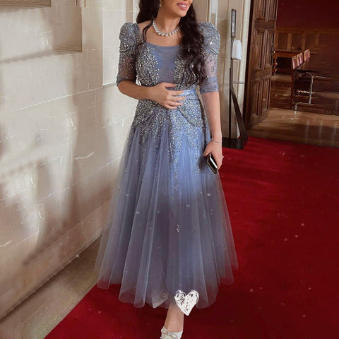 Vestido midi azul de noche, 2025, de lujo, estilo musulmán, largo hasta el tobillo, corte árabe, para bodas, fiestas formales, LA71631A 