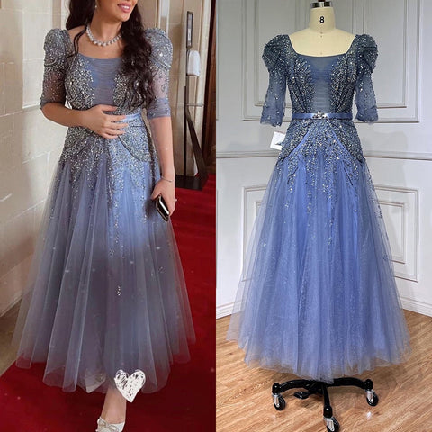 Vestido midi azul de noche, 2025, de lujo, estilo musulmán, largo hasta el tobillo, corte árabe, para bodas, fiestas formales, LA71631A 