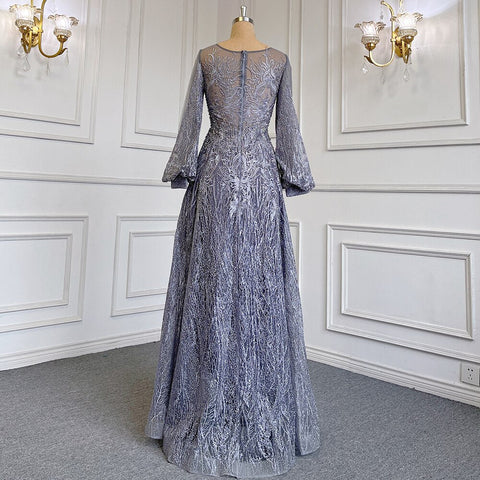 Vestidos de noche azules musulmanes de corte A con cuello redondo, lujosos con cuentas de cristal, 2025 para mujer, para bodas y fiestas LA71700 