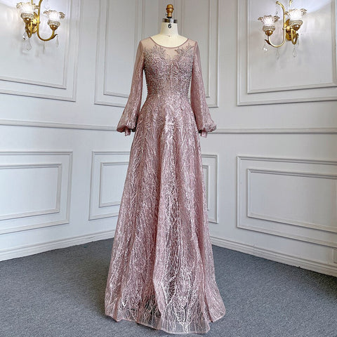 Vestidos de noche azules musulmanes de corte A con cuello redondo, lujosos con cuentas de cristal, 2025 para mujer, para bodas y fiestas LA71700 