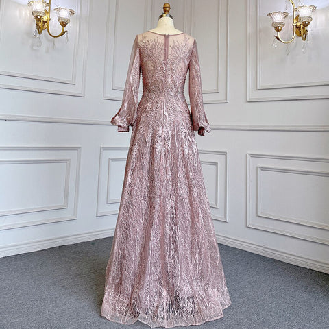 Vestidos de noche azules musulmanes de corte A con cuello redondo, lujosos con cuentas de cristal, 2025 para mujer, para bodas y fiestas LA71700 