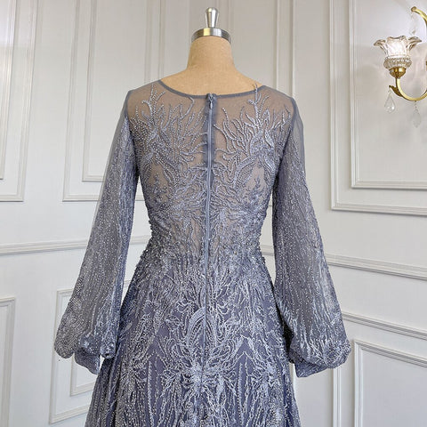 Vestidos de noche azules musulmanes de corte A con cuello redondo, lujosos con cuentas de cristal, 2025 para mujer, para bodas y fiestas LA71700 