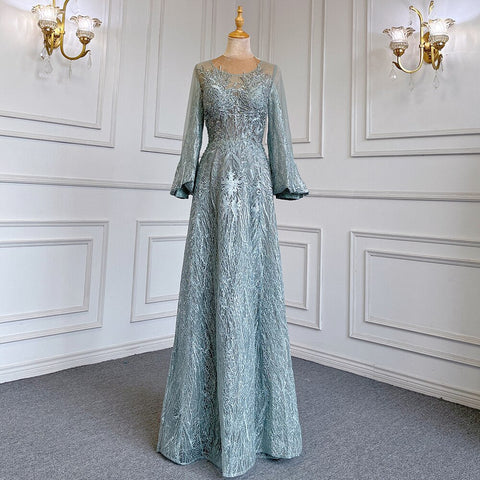 Vestidos de noche azules musulmanes de corte A con cuello redondo, lujosos con cuentas de cristal, 2025 para mujer, para bodas y fiestas LA71700 