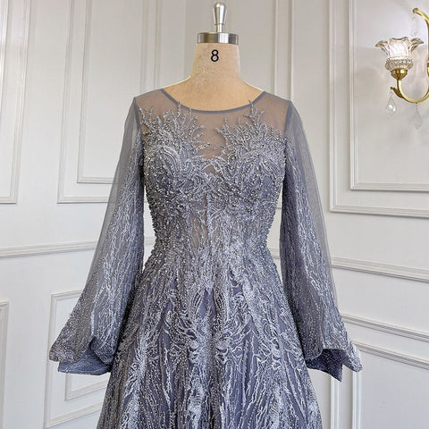 Vestidos de noche azules musulmanes de corte A con cuello redondo, lujosos con cuentas de cristal, 2025 para mujer, para bodas y fiestas LA71700 