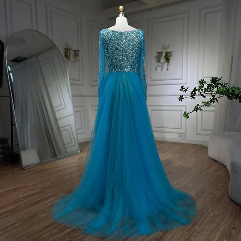 Vestido de noche elegante de sirena azul musulmán con sobrefalda y cuentas para mujer, ideal para bodas y fiestas 2025 LA72409 