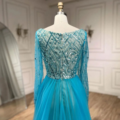 Vestido de noche elegante de sirena azul musulmán con sobrefalda y cuentas para mujer, ideal para bodas y fiestas 2025 LA72409 