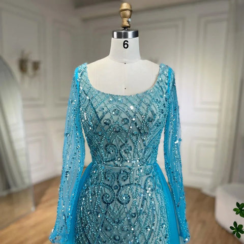 Vestido de noche elegante de sirena azul musulmán con sobrefalda y cuentas para mujer, ideal para bodas y fiestas 2025 LA72409 