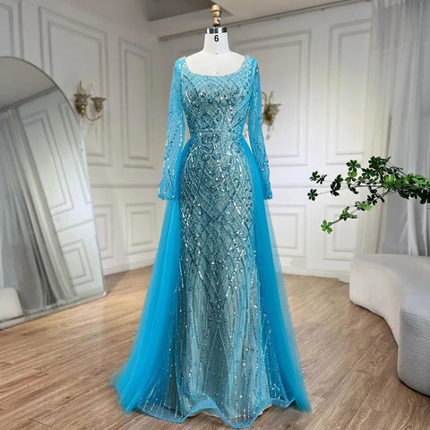 Vestido de noche elegante de sirena azul musulmán con sobrefalda y cuentas para mujer, ideal para bodas y fiestas 2025 LA72409 