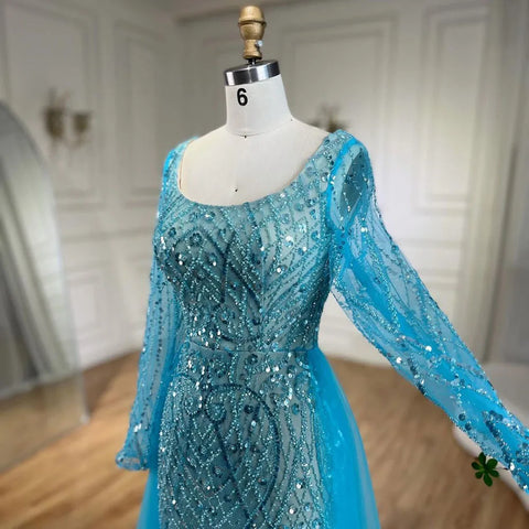 Vestido de noche elegante de sirena azul musulmán con sobrefalda y cuentas para mujer, ideal para bodas y fiestas 2025 LA72409 