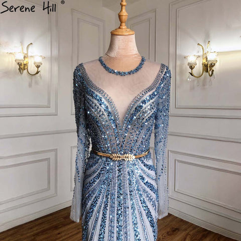 Robe de soirée sirène bleue élégante, style musulman, luxueuse, perlée, pour femmes, LA71374, 2025 