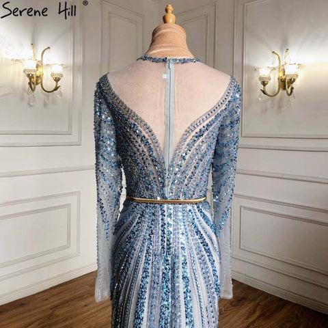 Robe de soirée sirène bleue élégante, style musulman, luxueuse, perlée, pour femmes, LA71374, 2025 