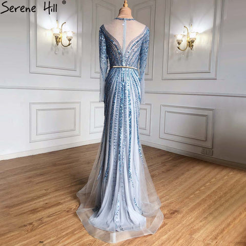 Robe de soirée sirène bleue élégante, style musulman, luxueuse, perlée, pour femmes, LA71374, 2025 