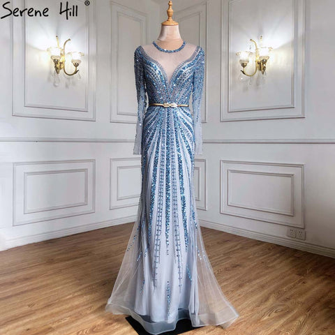 Robe de soirée sirène bleue élégante, style musulman, luxueuse, perlée, pour femmes, LA71374, 2025 