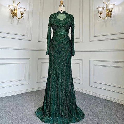 Vestidos de noche elegantes de sirena azul musulmán con cuello alto y cuentas, de lujo, para mujer, para fiestas, LA71742 