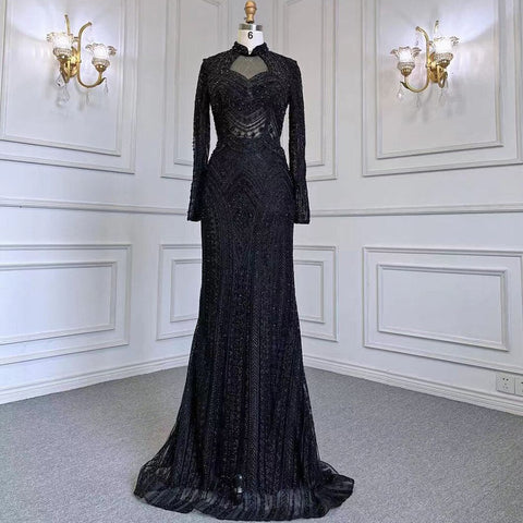 Vestidos de noche elegantes de sirena azul musulmán con cuello alto y cuentas, de lujo, para mujer, para fiestas, LA71742 