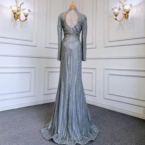 Vestidos de noche elegantes de sirena azul musulmán con cuello alto y cuentas, de lujo, para mujer, para fiestas, LA71742 
