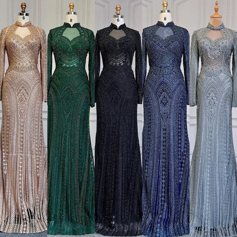 Vestidos de noche elegantes de sirena azul musulmán con cuello alto y cuentas, de lujo, para mujer, para fiestas, LA71742 
