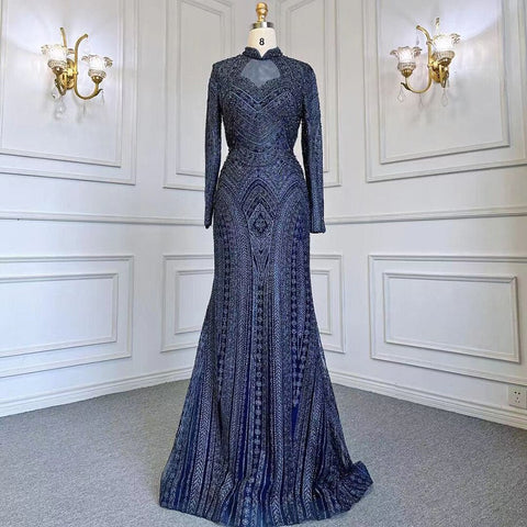 Vestidos de noche elegantes de sirena azul musulmán con cuello alto y cuentas, de lujo, para mujer, para fiestas, LA71742 