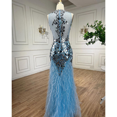 Vestido de noche sirena con plumas, sin mangas y cuello redondo, azul, elegante, formal, para mujer, 2025 LA72081 