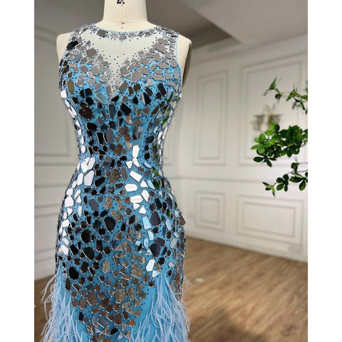 Vestido de noche sirena con plumas, sin mangas y cuello redondo, azul, elegante, formal, para mujer, 2025 LA72081 