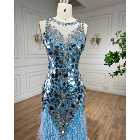 Vestido de noche sirena con plumas, sin mangas y cuello redondo, azul, elegante, formal, para mujer, 2025 LA72081 