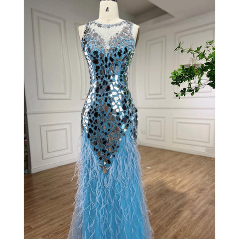 Vestido de noche sirena con plumas, sin mangas y cuello redondo, azul, elegante, formal, para mujer, 2025 LA72081 