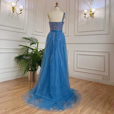 Vestido de noche elegante de sirena azul con un solo hombro y abertura alta, con cuentas y sobrefalda, para mujer, ideal para fiestas (LA71825) 