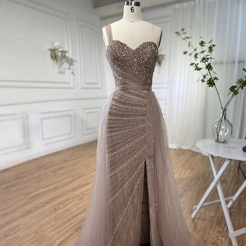 Vestido de noche elegante de sirena azul con un solo hombro y abertura alta, con cuentas y sobrefalda, para mujer, ideal para fiestas (LA71825) 