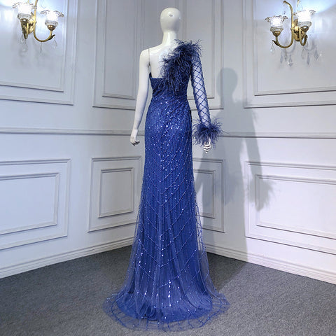 Vestidos de noche sirena azul de un solo hombro, elegantes y lujosos, con cuentas y plumas, para mujer, ideales para fiestas (LA71612) 