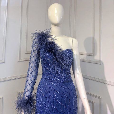 Vestidos de noche sirena azul de un solo hombro, elegantes y lujosos, con cuentas y plumas, para mujer, ideales para fiestas (LA71612) 