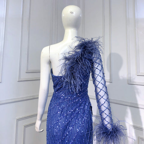 Vestidos de noche sirena azul de un solo hombro, elegantes y lujosos, con cuentas y plumas, para mujer, ideales para fiestas (LA71612) 