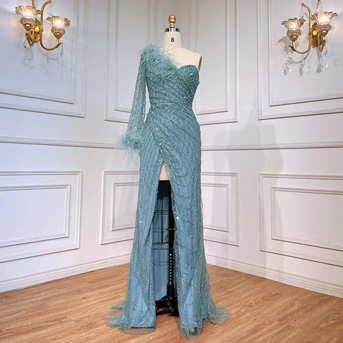 Vestidos de noche sirena azul de un solo hombro con cuentas y plumas, elegantes y lujosos, para mujer, para fiestas, LA71612 