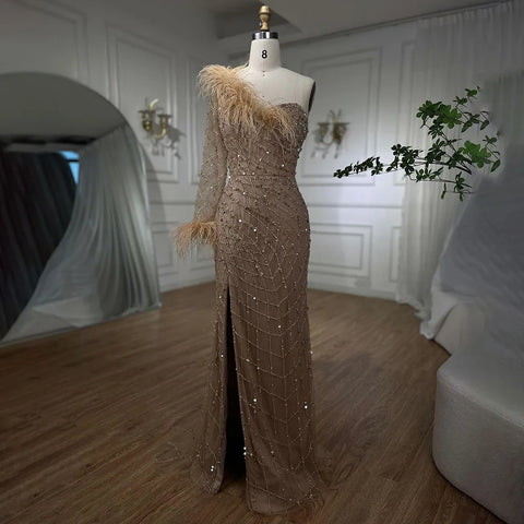 Vestidos de noche sirena azul de un solo hombro con cuentas y plumas, elegantes y lujosos, para mujer, para fiestas, LA71612 