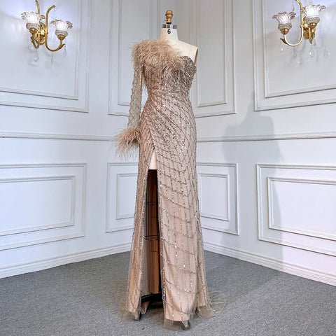 Vestidos de noche sirena azul de un solo hombro con cuentas y plumas, elegantes y lujosos, para mujer, para fiestas, LA71612 