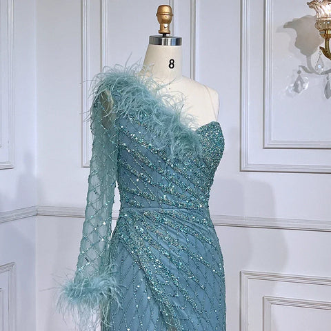 Vestidos de noche sirena azul de un solo hombro con cuentas y plumas, elegantes y lujosos, para mujer, para fiestas, LA71612 