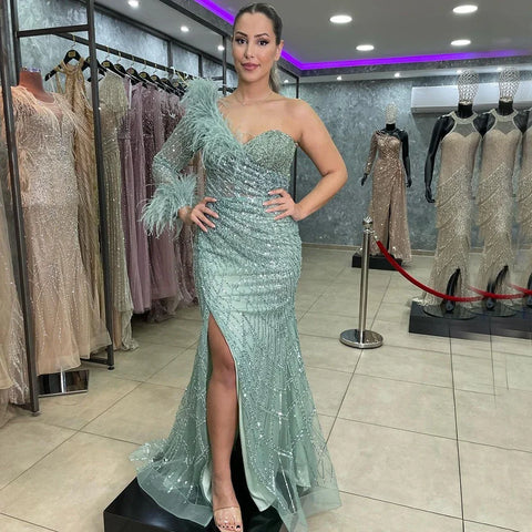 Vestidos de noche sirena azul de un solo hombro con cuentas y plumas, elegantes y lujosos, para mujer, para fiestas, LA71612 