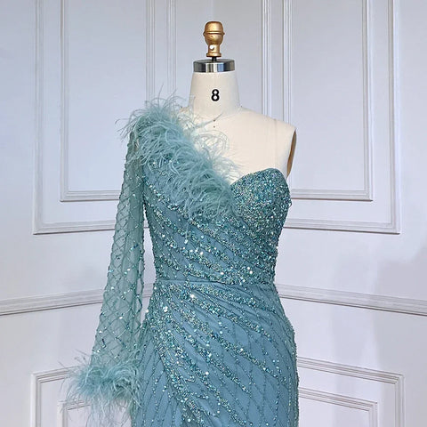 Vestidos de noche sirena azul de un solo hombro con cuentas y plumas, elegantes y lujosos, para mujer, para fiestas, LA71612 