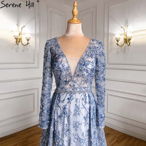 Vestidos de noche de sirena con sobrefalda azul, elegantes y con cuentas, colección 2025, para mujer, ideales para fiestas (LA71376) 