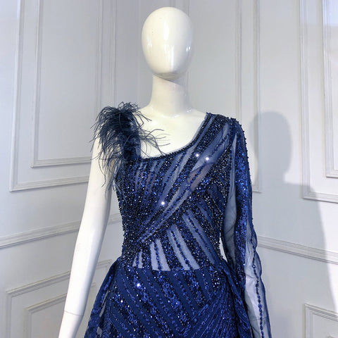 Vestidos de noche sirena con sobrefalda azul, elegantes y lujosos, con un solo hombro, para mujer, estilo LA71608 (Colección 2025). 