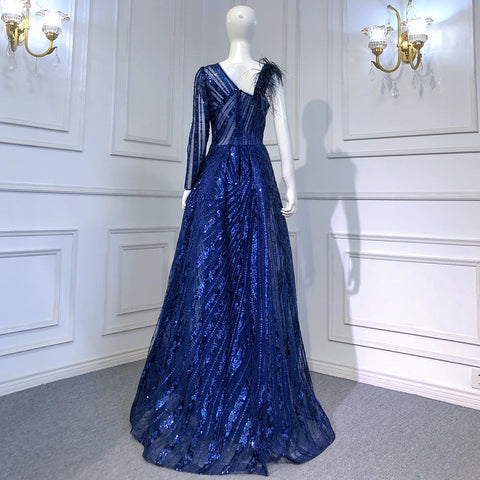 Vestidos de noche sirena con sobrefalda azul, elegantes y lujosos, con un solo hombro, para mujer, estilo LA71608 (Colección 2025). 