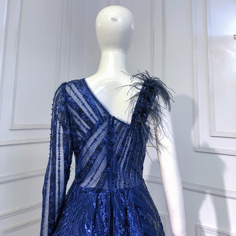 Vestidos de noche sirena con sobrefalda azul, elegantes y lujosos, con un solo hombro, para mujer, estilo LA71608 (Colección 2025). 