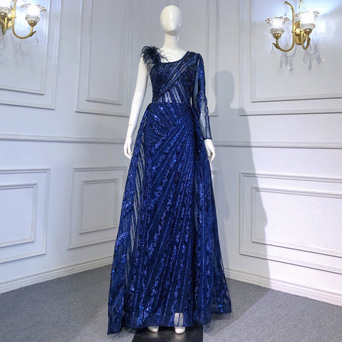 Vestidos de noche sirena con sobrefalda azul, elegantes y lujosos, con un solo hombro, para mujer, estilo LA71608 (Colección 2025). 