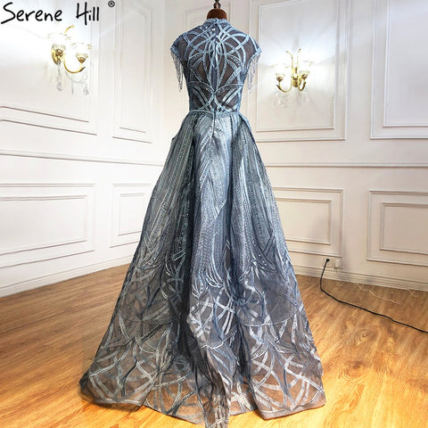 Vestidos de noche de talla grande, color azul, con encaje, cuentas, corte en A, estilo lujoso, con borlas, sexys, para mujer, ideales para fiestas (LA70969) 