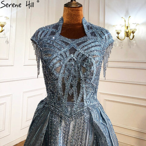 Vestidos de noche de talla grande, color azul, con encaje, cuentas, corte en A, estilo lujoso, con borlas, sexys, para mujer, ideales para fiestas (LA70969) 