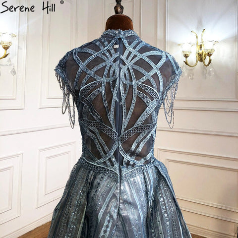 Vestidos de noche de talla grande, color azul, con encaje, cuentas, corte en A, estilo lujoso, con borlas, sexys, para mujer, ideales para fiestas (LA70969) 