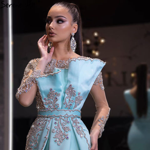 Vestidos de noche de sirena con cuentas de satén azul, elegantes y lujosos vestidos de fiesta para mujer 2025 LA71180 