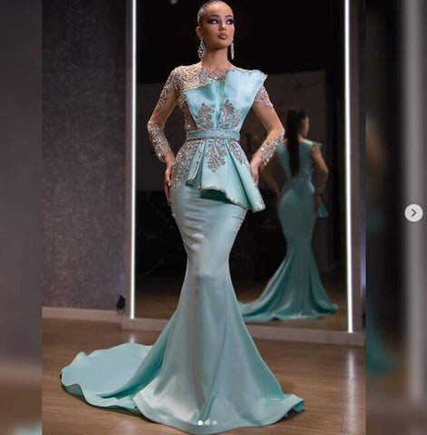 Vestidos de noche de sirena con cuentas de satén azul, elegantes y lujosos vestidos de fiesta para mujer 2025 LA71180 