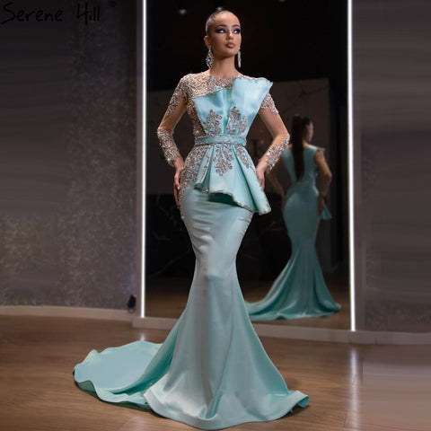 Vestidos de noche de sirena con cuentas de satén azul, elegantes y lujosos vestidos de fiesta para mujer 2025 LA71180 